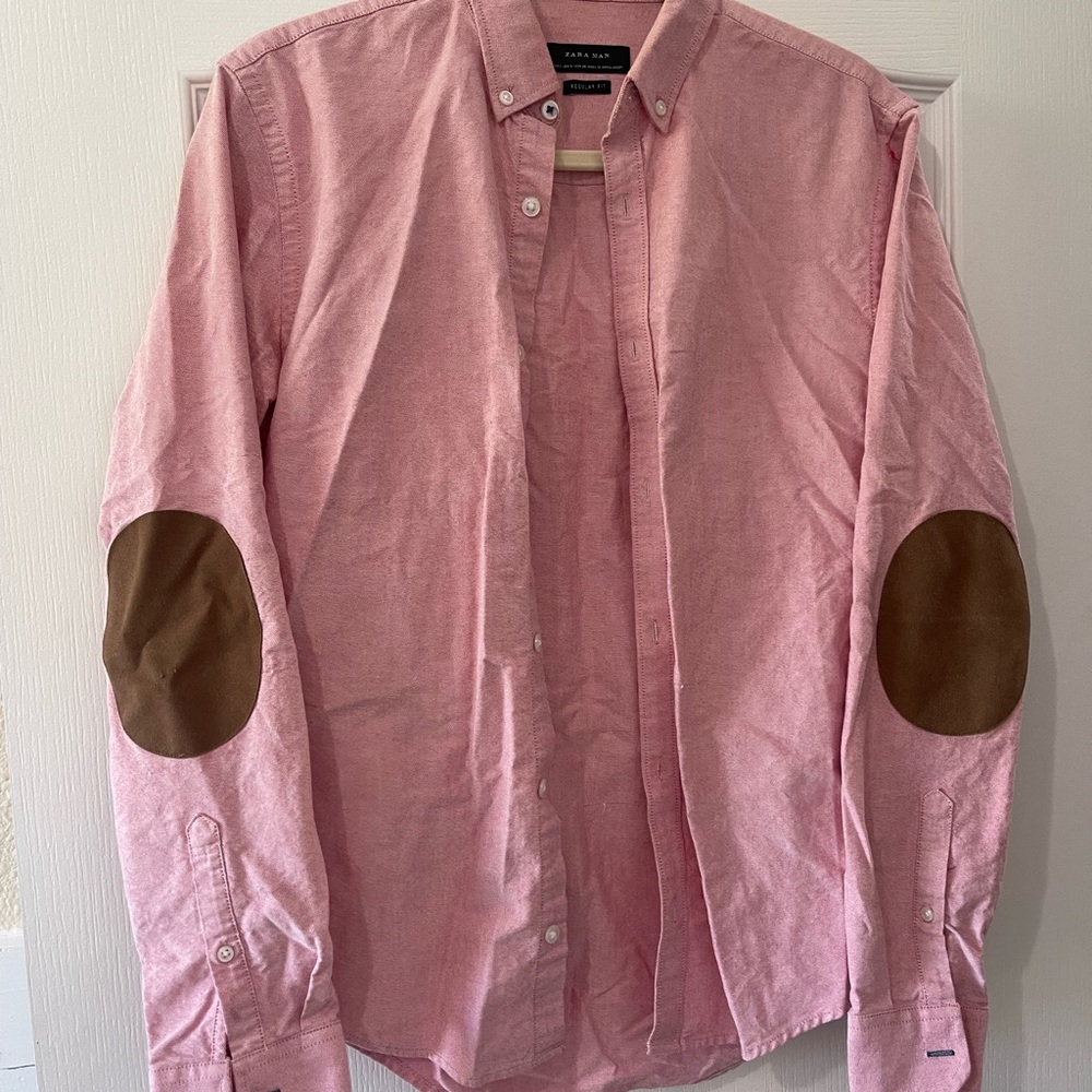 Zara Casual Pink Shirt with Brown Elbow Patches